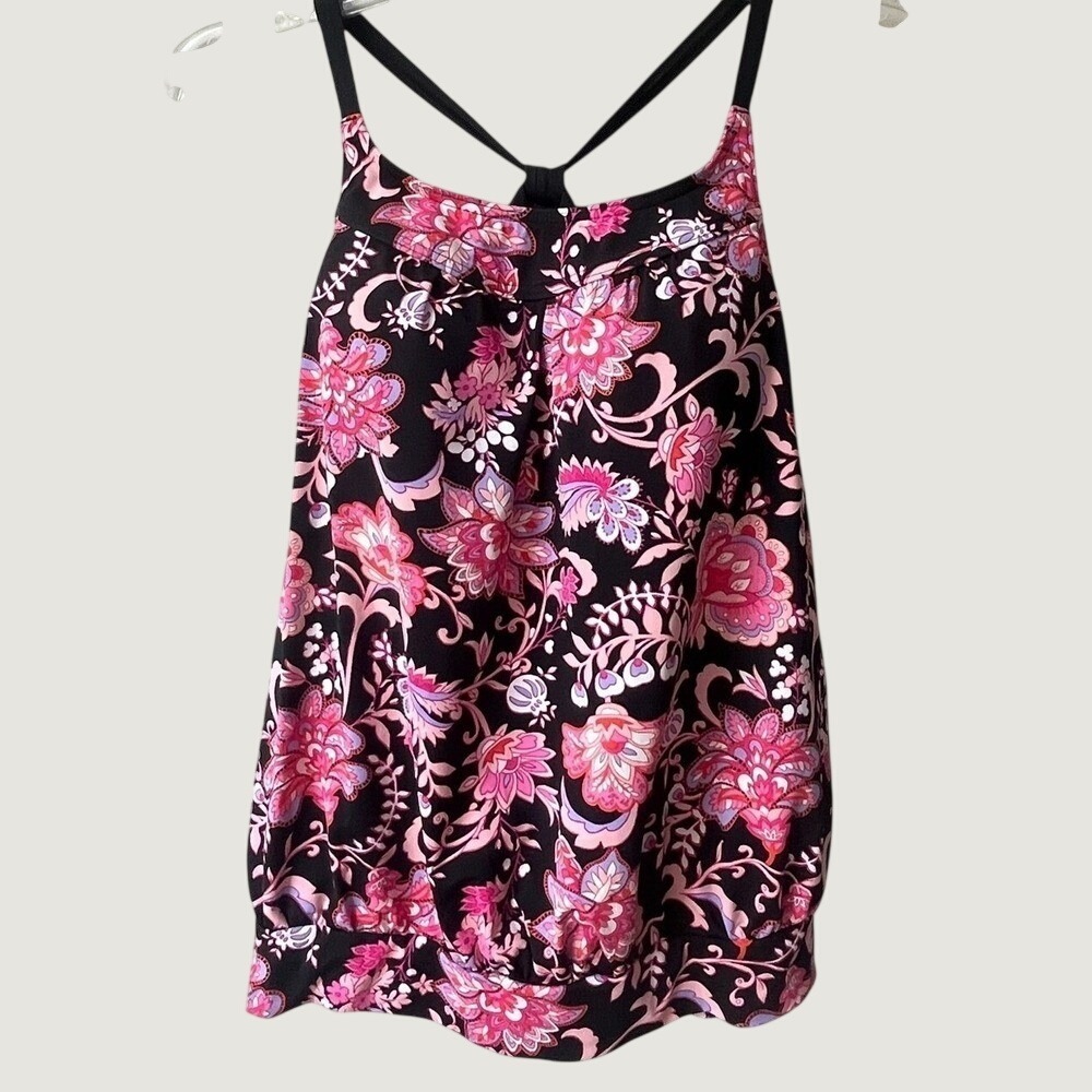 Lands End Floral Tankini Swimsuit Top Womens 2 Pink Black High Neck Blousen